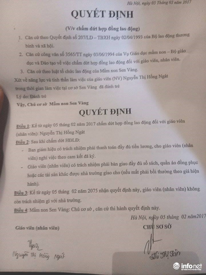 Quyết định buộc 2 giáo viên Đặng Thị Bình (SN 1994) và Nguyễn Thị Hồng Ngát (SN 1995) nghỉ việc (ảnh nguồn Infonet) Quyết định buộc 2 giáo viên Đặng Thị Bình (SN 1994) và Nguyễn Thị Hồng Ngát (SN 1995) nghỉ việc (ảnh nguồn Infonet)
