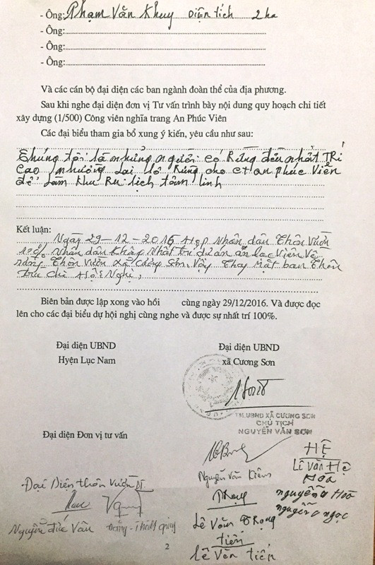 Biên bản xin ý kiến của nhân dân, 100% các hộ dân tại thôn Vườn, xã Cương Sơn không nhất trí với dự án siêu nghĩa trang An Phúc Viên (ảnh nguồn Giáo dục Việt Nam) Biên bản xin ý kiến của nhân dân, 100% các hộ dân tại thôn Vườn, xã Cương Sơn không nhất trí với dự án siêu nghĩa trang An Phúc Viên (ảnh nguồn Giáo dục Việt Nam)