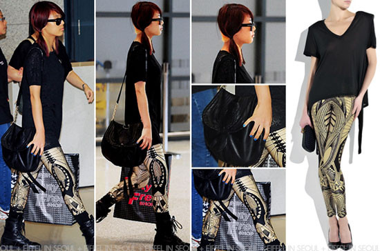 Tại sân bay, Yubin cá tính với chiếc legging lace-Print của Alexander McQueen có giá 635 USD, kết hợp cá tính với một đôi combat boots. Tại sân bay, Yubin cá tính với chiếc legging lace-Print của Alexander McQueen có giá 635 USD, kết hợp cá tính với một đôi combat boots.