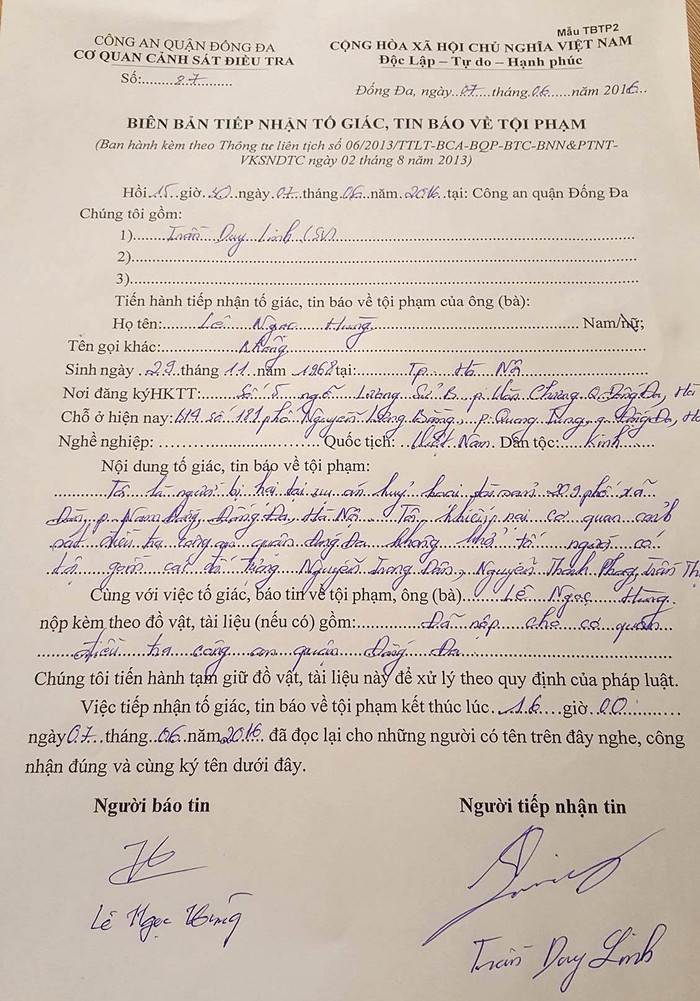 Công an quận Đống Đa đã tiếp nhận đơn khiếu nại của ông Lê Ngọc Hùng về vụ 209 Xã Đàn.