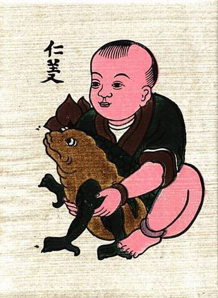 Tranh "Nhân nghĩa" với hình ảnh‘Em bé trai ôm con cóc’ cầu chúc em bé sẽ học hành hiển đạt. Tranh "Nhân nghĩa" với hình ảnh‘Em bé trai ôm con cóc’ cầu chúc em bé sẽ học hành hiển đạt.