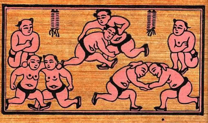 Tranh "Đấu vật" với hình ảnh các đô vật tham gia trong ngày Hội Xuân Tranh "Đấu vật" với hình ảnh các đô vật tham gia trong ngày Hội Xuân