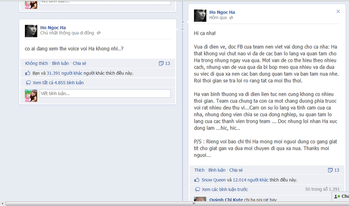 Status được chụp từ facebook Hồ Ngọc Hà. Status được chụp từ facebook Hồ Ngọc Hà.