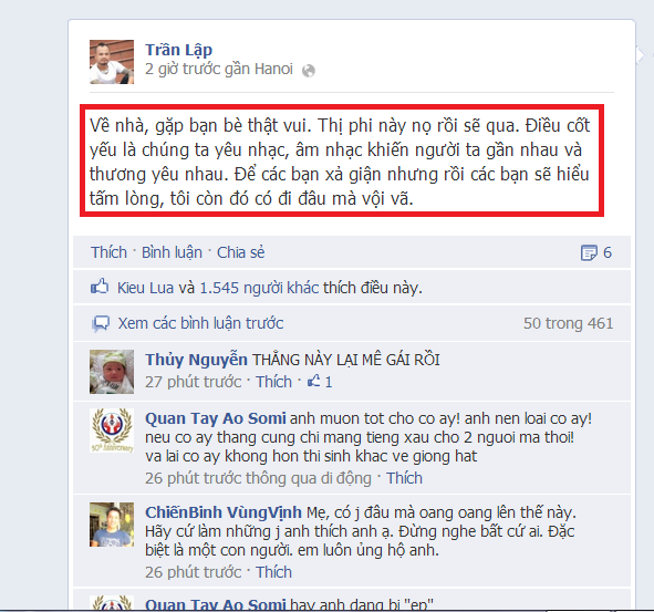 Status thể hiện sự bình thản của Trần Lập trước sóng gió dư luận.