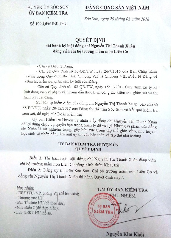 Quyết định số 109-QĐ/UBKTHU về việc thi hành kỷ luật khai trừ Đảng đối với bà Nguyễn Thị Thanh Xuân, nguyên Hiệu trưởng Trường mầm non Liên Cơ. Ảnh: Trực Ngôn. Quyết định số 109-QĐ/UBKTHU về việc thi hành kỷ luật khai trừ Đảng đối với bà Nguyễn Thị Thanh Xuân, nguyên Hiệu trưởng Trường mầm non Liên Cơ. Ảnh: Trực Ngôn.
