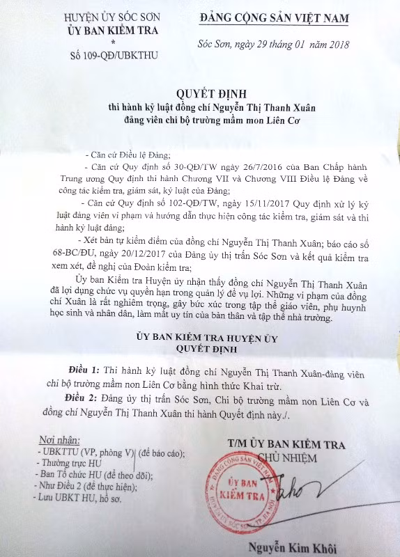 Quyết định số 109-QĐ/UBKTHU về việc thi hành kỷ luật khai trừ Đảng đối với bà Nguyễn Thị Thanh Xuân, nguyên Hiệu trưởng Trường mầm non Liên Cơ. Ảnh: Trực Ngôn.