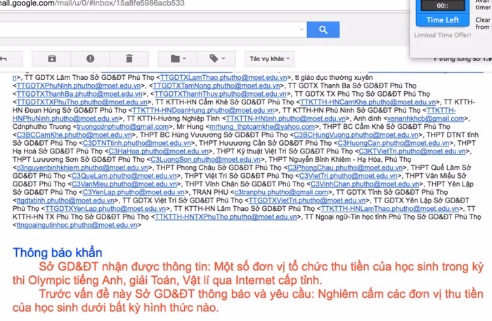 Ngày 27/2, sau khi nhận được thông tin phản ánh trên, Sở Giáo dục và Đào tạo tỉnh Phú Thọ đã gửi thư điện tử thông báo khẩn đến các đơn vị dự thi, yêu cầu các đơn vị không được thu tiền của học sinh dưới bất kỳ hình thức nào (ảnh HC) Ngày 27/2, sau khi nhận được thông tin phản ánh trên, Sở Giáo dục và Đào tạo tỉnh Phú Thọ đã gửi thư điện tử thông báo khẩn đến các đơn vị dự thi, yêu cầu các đơn vị không được thu tiền của học sinh dưới bất kỳ hình thức nào (ảnh HC)