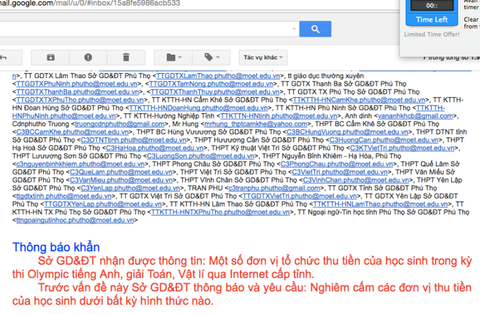 Ngày 27/2, sau khi nhận được thông tin phản ánh trên, Sở Giáo dục và Đào tạo tỉnh Phú Thọ đã gửi thư điện tử thông báo khẩn đến các đơn vị dự thi, yêu cầu các đơn vị không được thu tiền của học sinh dưới bất kỳ hình thức nào (ảnh HC) Ngày 27/2, sau khi nhận được thông tin phản ánh trên, Sở Giáo dục và Đào tạo tỉnh Phú Thọ đã gửi thư điện tử thông báo khẩn đến các đơn vị dự thi, yêu cầu các đơn vị không được thu tiền của học sinh dưới bất kỳ hình thức nào (ảnh HC)