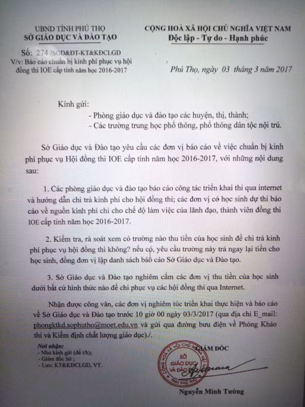 Công văn số 274/SGD&ĐT-KT&KĐCLGD về việc chuẩn bị kinh phí phục vụ hội đồng thi IOE cấp tỉnh năm học 2016 – 2017 gửi đến các đơn vị trực thuộc yêu cầu không được thu tiền của phụ huynh, học sinh (ảnh HC) Công văn số 274/SGD&ĐT-KT&KĐCLGD về việc chuẩn bị kinh phí phục vụ hội đồng thi IOE cấp tỉnh năm học 2016 – 2017 gửi đến các đơn vị trực thuộc yêu cầu không được thu tiền của phụ huynh, học sinh (ảnh HC)