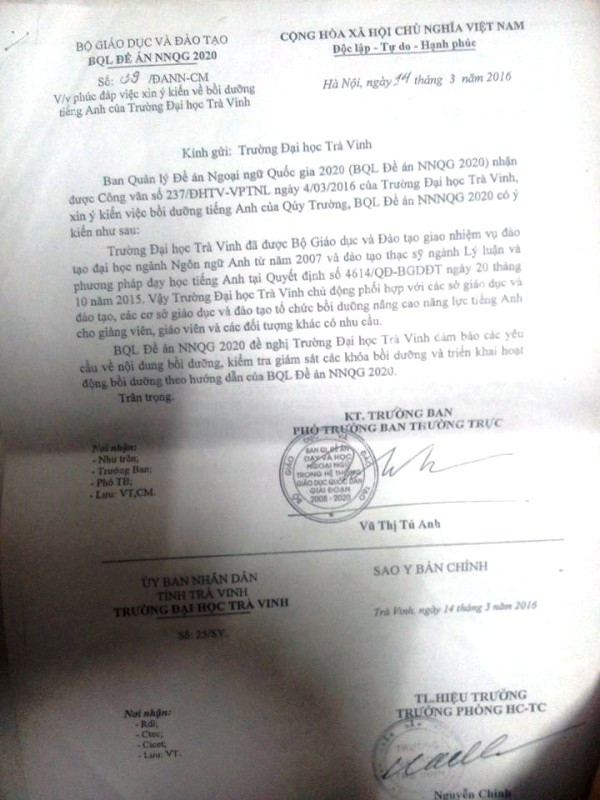 Công văn số 39 của BQL đề án ngoại ngữ Quốc gia năm 2020 về việc phúc đáp trường ĐH Trà Vinh xin ý kiến về bồi dưỡng tiếng Anh (Ảnh MC) Công văn số 39 của BQL đề án ngoại ngữ Quốc gia năm 2020 về việc phúc đáp trường ĐH Trà Vinh xin ý kiến về bồi dưỡng tiếng Anh (Ảnh MC)