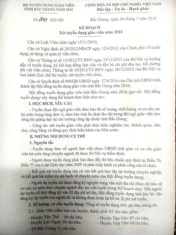 Kế hoạch tuyển dụng giáo viên của Hội đồng tuyển dụng giáo viên tỉnh Bắc Giang năm 2016 do ông Lê Anh Dương, Phó Chủ tịch UBND tỉnh Bắc Giang làm Chủ tịch Hội đồng tuyển dụng ký. (Ảnh: MC) Kế hoạch tuyển dụng giáo viên của Hội đồng tuyển dụng giáo viên tỉnh Bắc Giang năm 2016 do ông Lê Anh Dương, Phó Chủ tịch UBND tỉnh Bắc Giang làm Chủ tịch Hội đồng tuyển dụng ký. (Ảnh: MC)