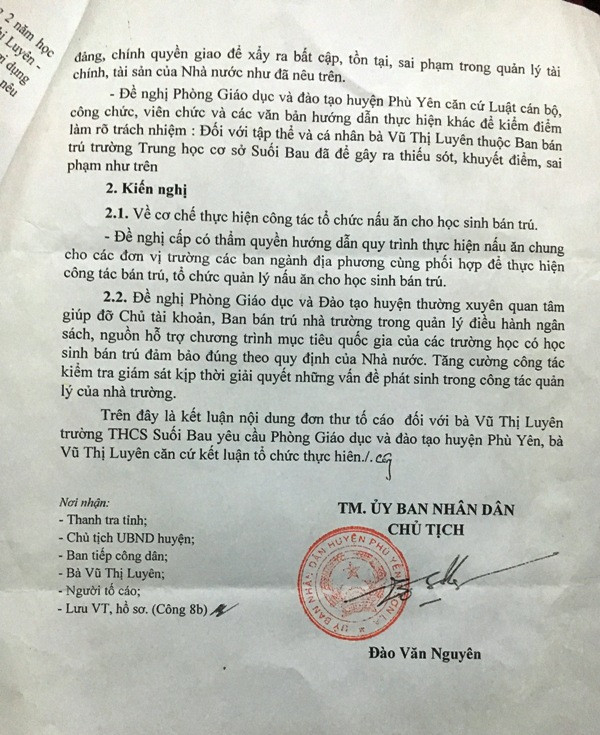 Trong Kết luận thanh tra số 05 của UBND huyện Phù Yên cho rằng các nội dung tố cáo của thầy Cường là không đúng vì bằng chứng tố cáo không có người xác nhận. Tuy nhiên thầy Cường lại cho rằng Đoàn xác minh chưa thu thập đầy đủ mọi ý kiến của nhân chứng và nghi ngờ có việc hợp thức hóa trong vụ việc này (ảnh MC) Trong Kết luận thanh tra số 05 của UBND huyện Phù Yên cho rằng các nội dung tố cáo của thầy Cường là không đúng vì bằng chứng tố cáo không có người xác nhận. Tuy nhiên thầy Cường lại cho rằng Đoàn xác minh chưa thu thập đầy đủ mọi ý kiến của nhân chứng và nghi ngờ có việc hợp thức hóa trong vụ việc này (ảnh MC)
