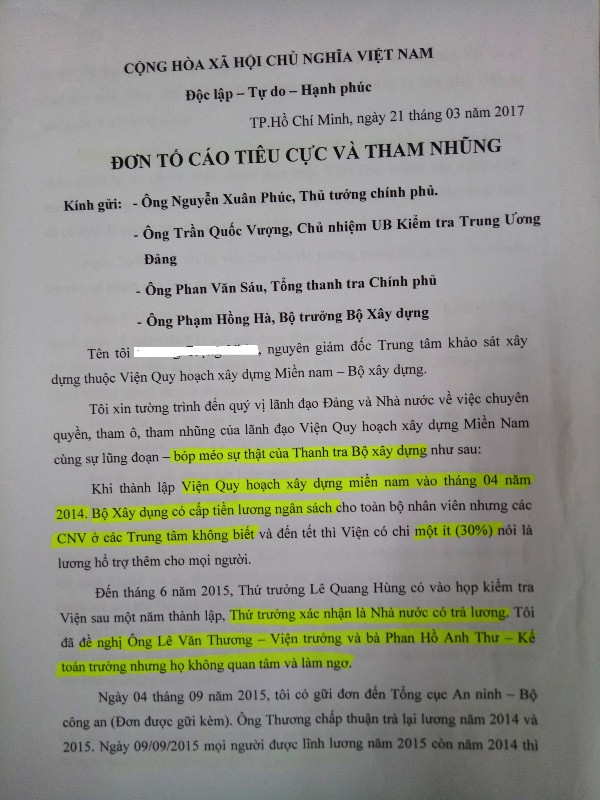 Đơn thư của ông T.T.N đã nhiều lần gửi lên Bộ Xây dựng, ttheo ông N. việc thanh tra của Đoàn Thanh tra Bộ Xây dựng chưa khách quan, rõ ràng. (ảnh Lê Minh) Đơn thư của ông T.T.N đã nhiều lần gửi lên Bộ Xây dựng, ttheo ông N. việc thanh tra của Đoàn Thanh tra Bộ Xây dựng chưa khách quan, rõ ràng. (ảnh Lê Minh)