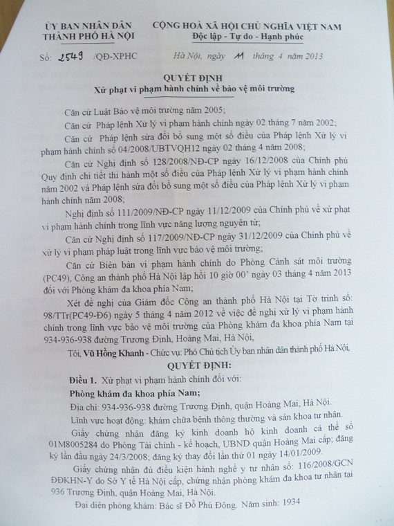 Quyết định2549 của UBND TP Hà Nội về xử phạt phòng khám đa khoa phía Nam địa chỉ 934 – 936 – 938 Trương Định (Hoàng Mai, Hà Nội) Quyết định2549 của UBND TP Hà Nội về xử phạt phòng khám đa khoa phía Nam địa chỉ 934 – 936 – 938 Trương Định (Hoàng Mai, Hà Nội)