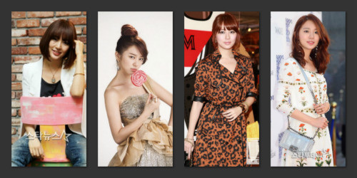 Yoon Eun Hee với gương mặt bầu bĩnh với những kiểu tóc điển hình như mái ngố, tóc ngắn, tóc xoăn chấm vai.