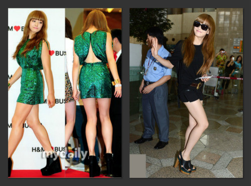 Nhóm trưởng f(x) Victoria là thành viên "chuyên" diện váy ngắn lúc biểu diễn và quần soóc ngoài đời. Với chiều cao 1m68 cộng thêm đôi giày 10 phân chân của Victoria đã dài lại càng dài thêm.