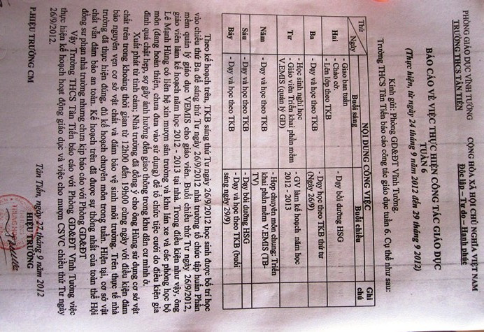 Báo cáo thực hiện công tác giáo dục vào tuần và nội dung sự việc mà toàn bộ giáo viên, học sinh Trường THCS Tân Tiến được cho mượn khuôn viên để tổ chức tiệc cưới con ông Lê Mạnh Hùng, cán bộ địa chính xã. Báo cáo thực hiện công tác giáo dục vào tuần và nội dung sự việc mà toàn bộ giáo viên, học sinh Trường THCS Tân Tiến được cho mượn khuôn viên để tổ chức tiệc cưới con ông Lê Mạnh Hùng, cán bộ địa chính xã.