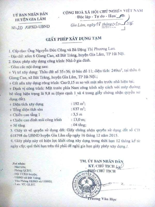 Giấy phép xây dựng tạm công trình nhà của ông Nguyễn Công Ngọc chỉ cho phép xây dựng 4 tầng nhưng công trình đã xây vượt phép lên đến 5 tầng. (Ảnh Minh Chí) Giấy phép xây dựng tạm công trình nhà của ông Nguyễn Công Ngọc chỉ cho phép xây dựng 4 tầng nhưng công trình đã xây vượt phép lên đến 5 tầng. (Ảnh Minh Chí)