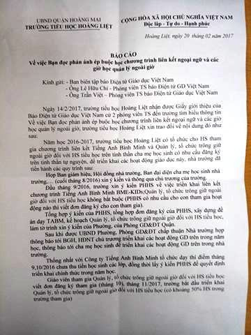 Lãnh đạo Trường Tiểu học Hoàng Liệt đã có báo cáo gửi đến Ban biên tập Báo Điện tử Giáo dục Việt Nam phụ nhận việc ép buộc phụ huynh cho con học liên kết ngoại ngữ và học quản lý ngoài giờ (ảnh HC)