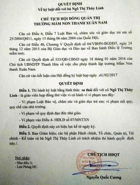 Quyết định sa thải giáo viên Ngô Thị Thùy Linh (ảnh AT) Quyết định sa thải giáo viên Ngô Thị Thùy Linh (ảnh AT)