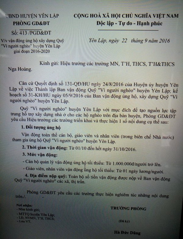 Hai văn bản (văn bản số 410, 413) do ông Hà Đức Dũng, Trưởng phòng GD&ĐT huyện Yên Lập gửi qua mail có nội dung ép cán bộ, giáo viên, nhân viên, học sinh ủng hộ từ thiện (Ảnh MC) Hai văn bản (văn bản số 410, 413) do ông Hà Đức Dũng, Trưởng phòng GD&ĐT huyện Yên Lập gửi qua mail có nội dung ép cán bộ, giáo viên, nhân viên, học sinh ủng hộ từ thiện (Ảnh MC)