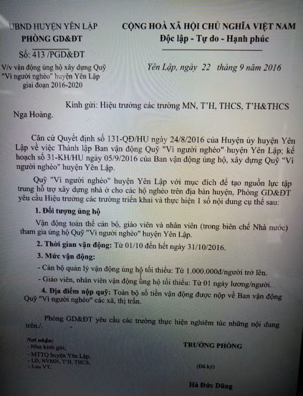 Hai văn bản (văn bản số 410, 413) do ông Hà Đức Dũng, Trưởng phòng GD&amp;ĐT huyện Yên Lập gửi qua mail có nội dung ép cán bộ, giáo viên, nhân viên, học sinh ủng hộ từ thiện (Ảnh MC)