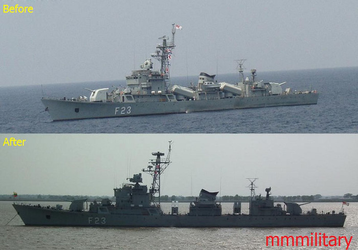 F23 Mahar Thiha Thura (Type 053H1 Giang Hộ-2) là một trong hai tàu khu trục lớp 053H1 mà Trung Quốc bàn giao cho Hải quân Myanmar vào tháng 2 năm 2012 (chiếc còn lại là F21 Mahar Bandoola). Tàu khu trục Type 053H1 Giang Hộ-2 (được phát triển từ Type 053H1 Giang Hộ-1 là một sửa đổi của tàu tuần tra 50 Liên Xô) được Trung Quốc xây dựng trong những năm 1981-1988 tại Nhà máy đóng tàu Hudong ở Thượng Hải. Tổng cộng Hải quân Trung Quốc đã đóng 10 chiếc 053H1, trong đó có một chiếc bán cho Bangladesh vào năm 1989 mang tên F18 Osman và 2 chiếc cho Hải quân Ai Cập vào năm 1984-1985 (951 Najim Al-Zafir và 956 El Nasser). Trong ảnh là khu trục hạm Mahar Thiha Thura trước và sau khi được hiện đại hóa. F23 Mahar Thiha Thura (Type 053H1 Giang Hộ-2) là một trong hai tàu khu trục lớp 053H1 mà Trung Quốc bàn giao cho Hải quân Myanmar vào tháng 2 năm 2012 (chiếc còn lại là F21 Mahar Bandoola). Tàu khu trục Type 053H1 Giang Hộ-2 (được phát triển từ Type 053H1 Giang Hộ-1 là một sửa đổi của tàu tuần tra 50 Liên Xô) được Trung Quốc xây dựng trong những năm 1981-1988 tại Nhà máy đóng tàu Hudong ở Thượng Hải. Tổng cộng Hải quân Trung Quốc đã đóng 10 chiếc 053H1, trong đó có một chiếc bán cho Bangladesh vào năm 1989 mang tên F18 Osman và 2 chiếc cho Hải quân Ai Cập vào năm 1984-1985 (951 Najim Al-Zafir và 956 El Nasser). Trong ảnh là khu trục hạm Mahar Thiha Thura trước và sau khi được hiện đại hóa.