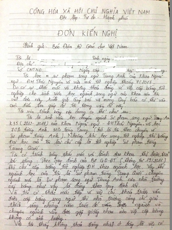 Đơn của sinh viên gửi Báo Điện tử Giáo dục Việt Nam phản ánh về việc cấp bằng tốt nghiệp của Trường Đại học Thái Nguyên (ảnh HC). Đơn của sinh viên gửi Báo Điện tử Giáo dục Việt Nam phản ánh về việc cấp bằng tốt nghiệp của Trường Đại học Thái Nguyên (ảnh HC).