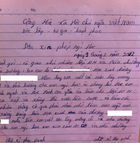 Hình ảnh lá đơn xin nghỉ học của T.V.M Hình ảnh lá đơn xin nghỉ học của T.V.M