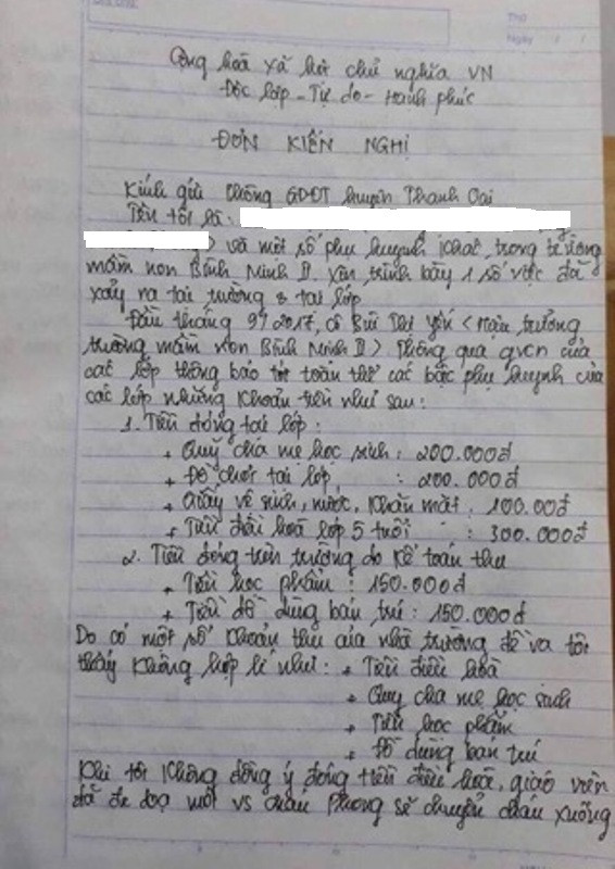 Đơn kiến nghị của phụ huynh gửi ngành giáo dục huyện Thanh Oai, Hà Nội (ảnh Sông Mã) Đơn kiến nghị của phụ huynh gửi ngành giáo dục huyện Thanh Oai, Hà Nội (ảnh Sông Mã)
