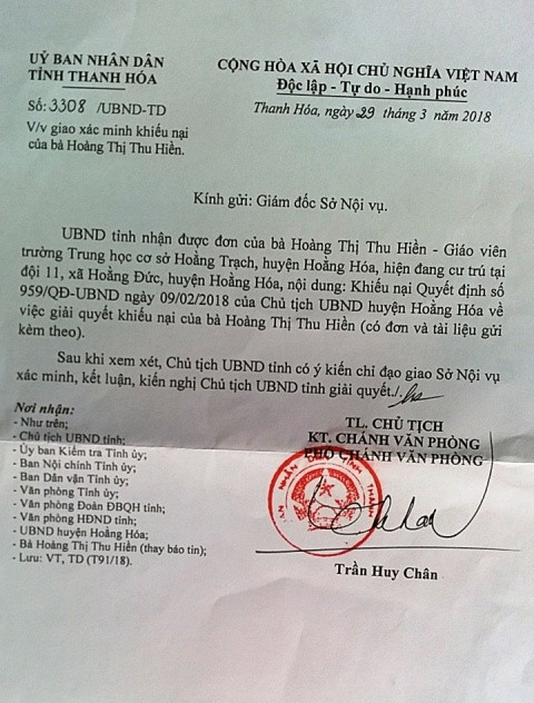 Chủ tịch tỉnh Thanh Hóa yêu cầu làm rõ, giải quyết đơn thư của cô Hoàng Thị Thu Hiền. Ảnh: Nhân Minh.