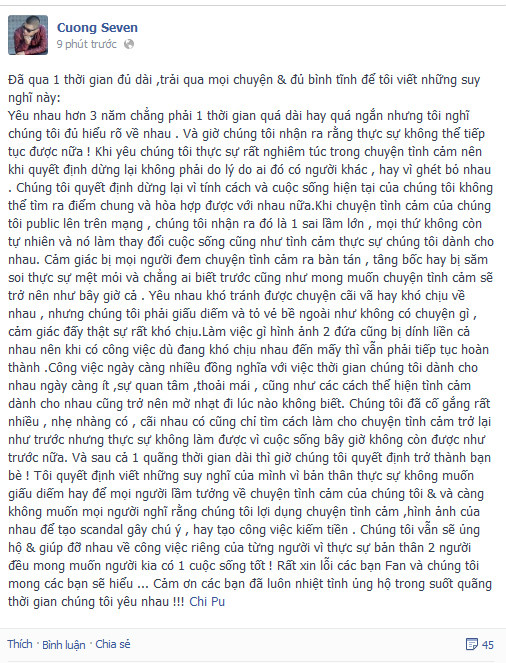 Cường Seven bất ngờ tuyên bố chia tay hot girl Chi Pu