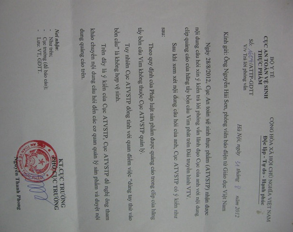 Ý kiến phúc đáp của Cục ATVSTP về clip quảng cáo của Vim.