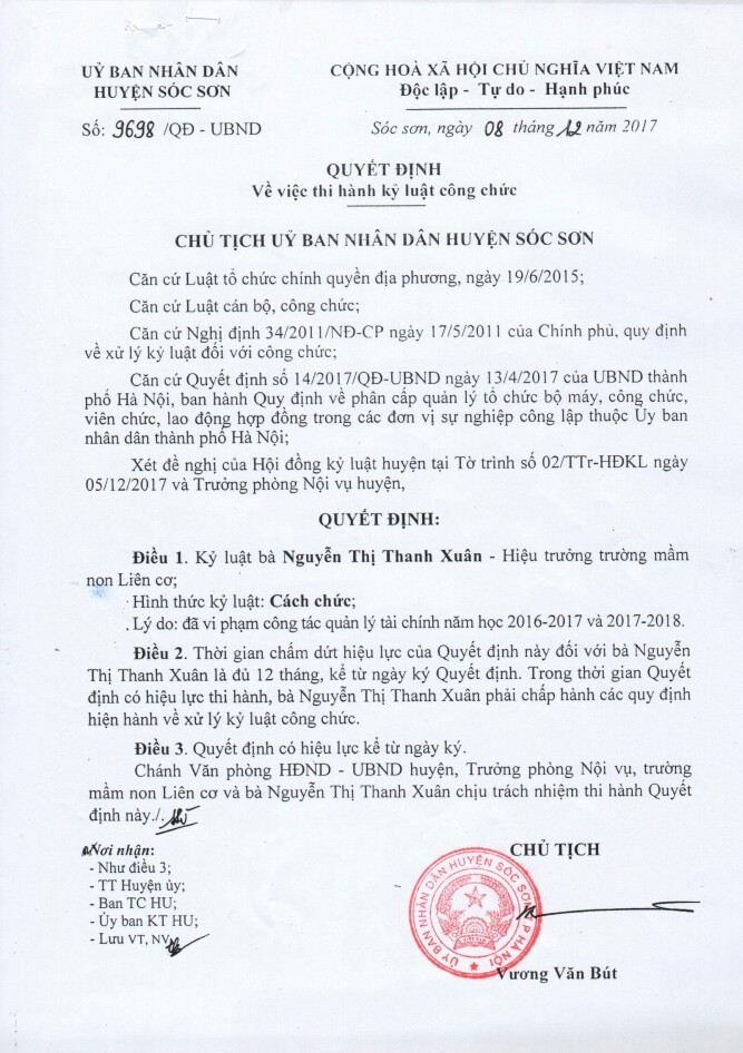 Ủy ban nhân dân huyện Sóc Sơn đã ban hành Quyết định số 9698/QĐ – UBND về việc thi hành kỷ luật công chức đối với bà Nguyễn Thị Thanh Xuân, Hiệu trưởng Trường mầm non Liên Cơ. Ảnh: Nhân Minh Ủy ban nhân dân huyện Sóc Sơn đã ban hành Quyết định số 9698/QĐ – UBND về việc thi hành kỷ luật công chức đối với bà Nguyễn Thị Thanh Xuân, Hiệu trưởng Trường mầm non Liên Cơ. Ảnh: Nhân Minh