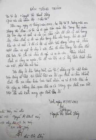 Bản tường trình của cô giáo Hằng Bản tường trình của cô giáo Hằng