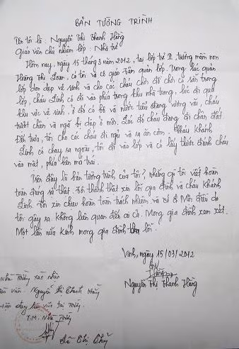 Bản tường trình của cô giáo Hằng