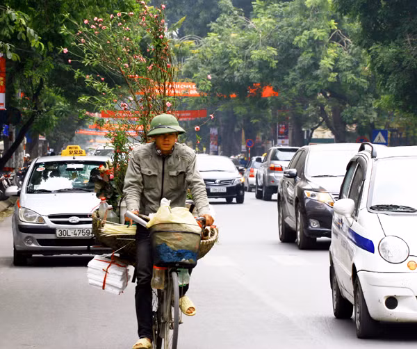 Nhiều người còn chở rong ruổi khắp phố để bán đào