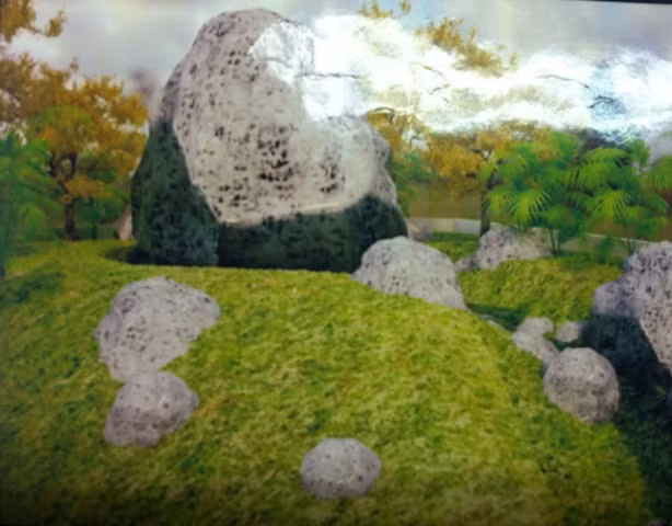 Hình ảnh mô tả khối đá, cây xanh trong khu vườn