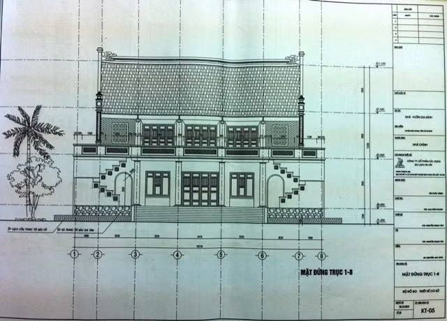Mặt đứng trục 1-8 của ngôi nhà rất hiện đại như tường được ốp băng gạch gốm trang trí màu đỏ, rồi ốp đá trang trí màu ghi xám