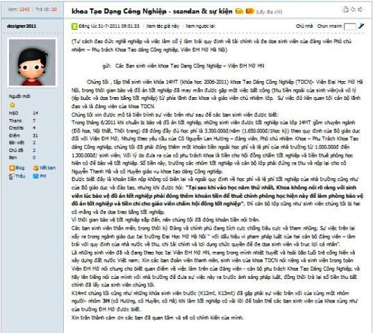 Nội dung đơn thư tố cáo được lan truyền trên forum Viện Đại học Mở Hà Nộ