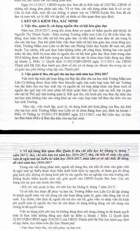Kết quả báo cáo thanh tra, xác minh của Ủy ban nhân dân huyện Sóc Sơn đối với Hiệu trưởng Trường mầm non Liên Cơ. Ảnh: Minh Chí