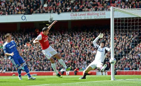 Robin Van Persie đá chạm cột dọc từ góc hẹp ở phút 13