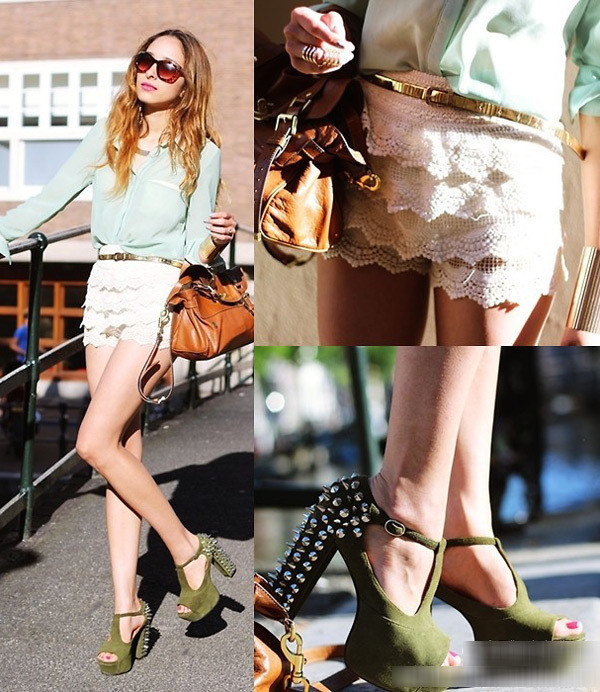 Quần soóc ren trắng xếp tầng cùng sơ mi thanh lịch khoe chân dài.