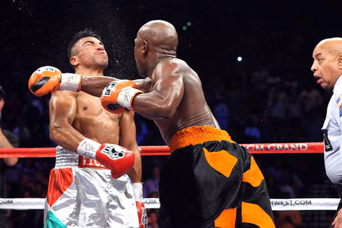 Floyd Mayweather (phải) tung một cú móc phải cực mạnh hạ knock-out Victor Ortiz để đoạt đai vô địch WBC hạng bán trung