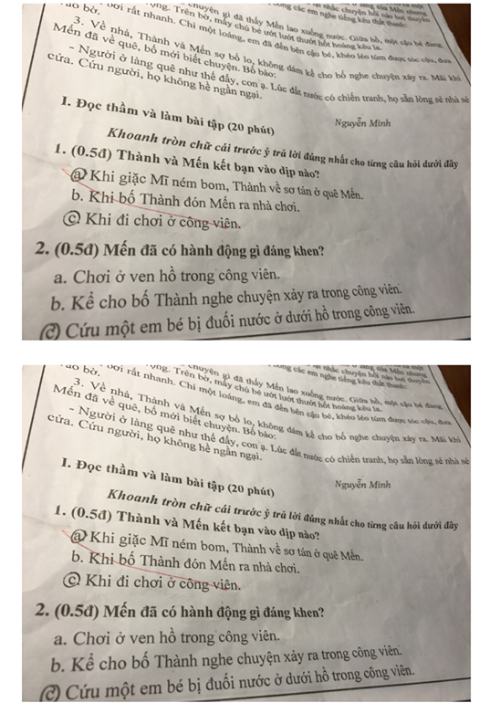 Ở phần thi trắc nghiệm nhiều đáp án trong cùng một câu hỏi được khoanh tròn, phụ huynh cho rằng cô giáo đã khoanh thêm vào (ảnh HC)
