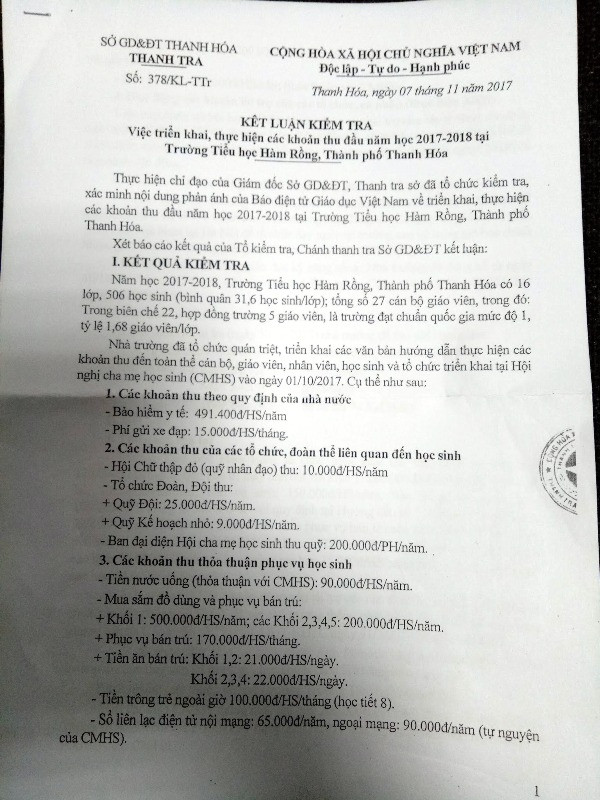 Kết luận số 378/KL-TTr về việc triển khai, thực hiện các khoản thu đầu năm học 2017 - 2018 tại Trường tiểu học Hàm Rồng, Thành phố Thanh Hóa, tỉnh Thanh Hóa. Ảnh: Trực Ngôn. Kết luận số 378/KL-TTr về việc triển khai, thực hiện các khoản thu đầu năm học 2017 - 2018 tại Trường tiểu học Hàm Rồng, Thành phố Thanh Hóa, tỉnh Thanh Hóa. Ảnh: Trực Ngôn.