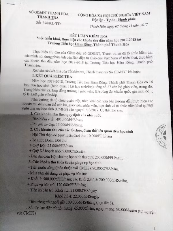 Kết luận số 378/KL-TTr về việc triển khai, thực hiện các khoản thu đầu năm học 2017 - 2018 tại Trường tiểu học Hàm Rồng, Thành phố Thanh Hóa, tỉnh Thanh Hóa. Ảnh: Trực Ngôn. Kết luận số 378/KL-TTr về việc triển khai, thực hiện các khoản thu đầu năm học 2017 - 2018 tại Trường tiểu học Hàm Rồng, Thành phố Thanh Hóa, tỉnh Thanh Hóa. Ảnh: Trực Ngôn.