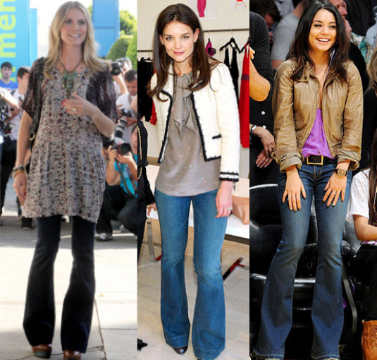 Kiểu quần này cũng không thể thiếu trong tủ đồ của Heidi Klum và Katie Holmes. Nếu biết cách kết hợp, quần loe sẽ mang đến cho người mặc rất nhiều lợi thế. Hãy bắt kịp xu hướng thời trang này và diện nó các bạn nhé! Nguồn: Ngoisao