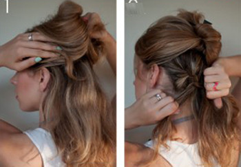 Chia tóc thành hai phần, cặp phần tóc phía trên lại Chia tóc thành hai phần, cặp phần tóc phía trên lại