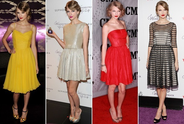 Phong cách thời trang được Taylor Swift lựa chọn nhiều nhất trong năm 2011 là những chiếc váy ôm sát cơ thể hoặc có độ xòe phần chân váy và chiều dài không quá đầu gối. Gu màu sắc của diva nhạc đồng quê nước Mỹ cũng rất đa dạng từ màu sắc sặc sỡ, lấp lánh, đến màu tối như đen và xám, khiến thân hình trông đầy đặn hơn. Xem thêm: Diễm My 9X e ấp cùng váy hoa/Sao Việt với váy vintage style Phong cách thời trang được Taylor Swift lựa chọn nhiều nhất trong năm 2011 là những chiếc váy ôm sát cơ thể hoặc có độ xòe phần chân váy và chiều dài không quá đầu gối. Gu màu sắc của diva nhạc đồng quê nước Mỹ cũng rất đa dạng từ màu sắc sặc sỡ, lấp lánh, đến màu tối như đen và xám, khiến thân hình trông đầy đặn hơn. Xem thêm: Diễm My 9X e ấp cùng váy hoa/Sao Việt với váy vintage style